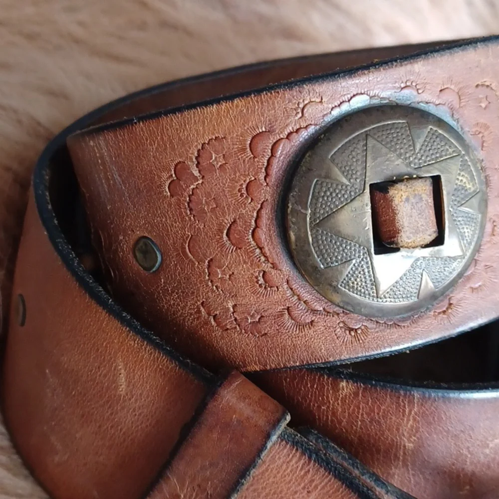 Vintage Chunky Distresed Brown Leather Belt with Brass Accents